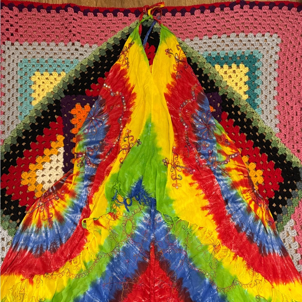 Tie-Dye Maxi Dress in Bright Rainbow Colors with Beaded Sequin Detailing